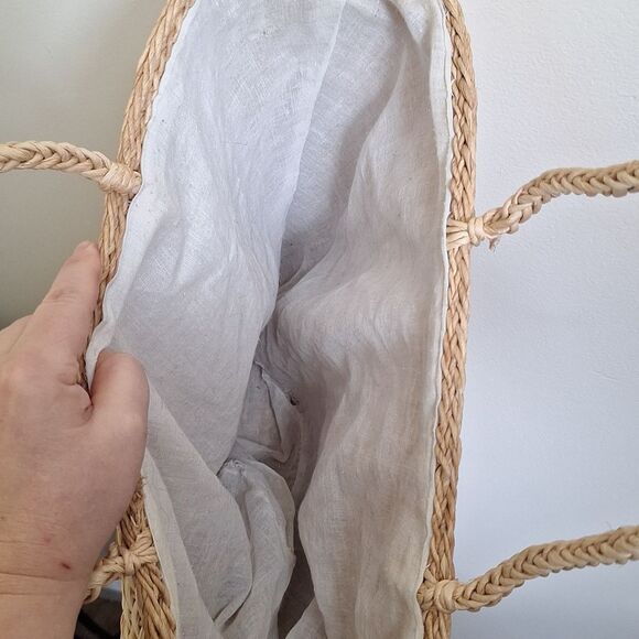 Vintage Woven Straw Tote Beige Wicker Market Shoulder Bag Lined - Picture 12 of 13